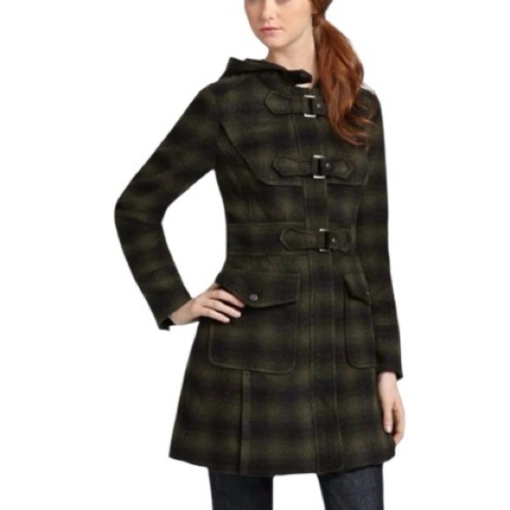 Steve Madden Toggle Coat Women Medium Green Black Plaid EUC Wool Blend Hood
